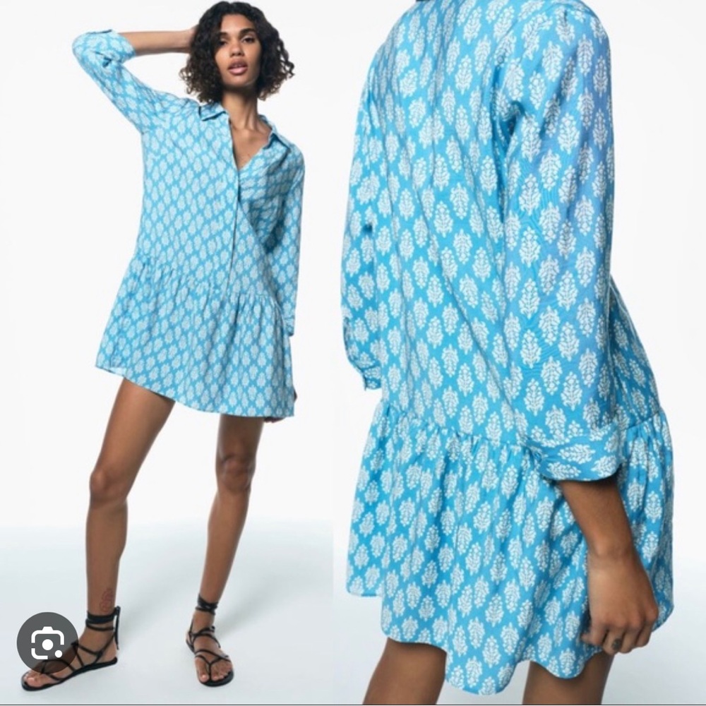ZARA PRINTED SHORT MINI BUTTON UP DRESS